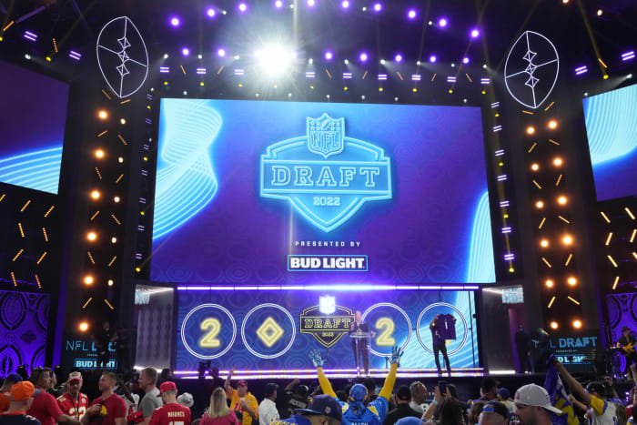 Apr 28, 2022; Las Vegas, NV, USA; A general overall view as NFL commissioner Roger Goodell speaks during the first round of the 2022 NFL Draft at the NFL Draft Theater.